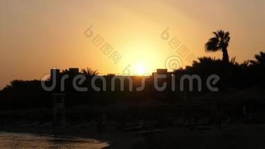 美丽的橙红色日落在炎热的非洲，黑暗的棕榈树轮廓和屋顶
